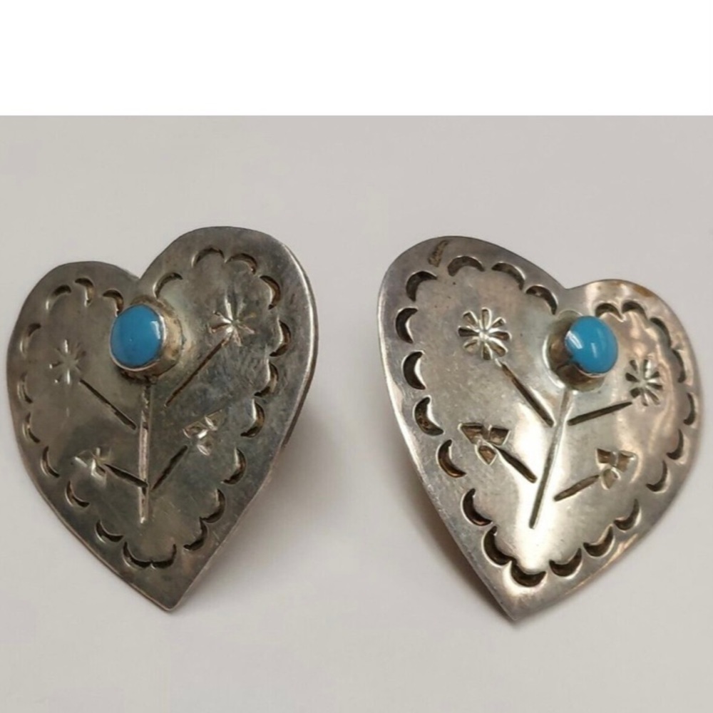 Mexico Sterling Silver Turquoise Heart Post Earrings Southwest